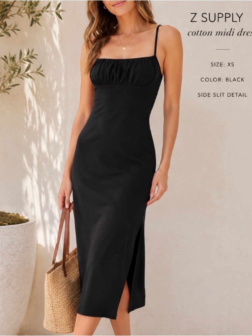 Z Supply Black Cotton Midi Dress with Spaghetti Straps